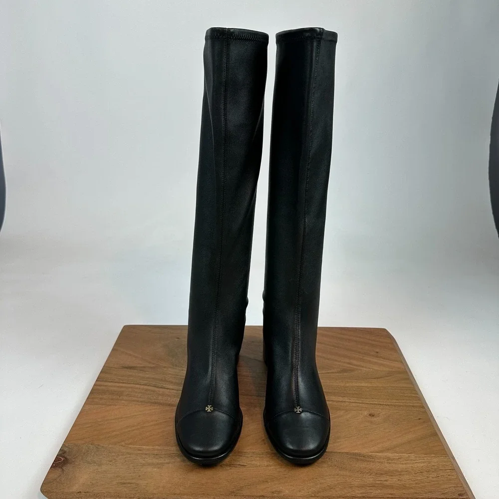 New NWOB Womens Tory Burch Cap Toe Black Leather Knee High Riding Boots Size 6 M